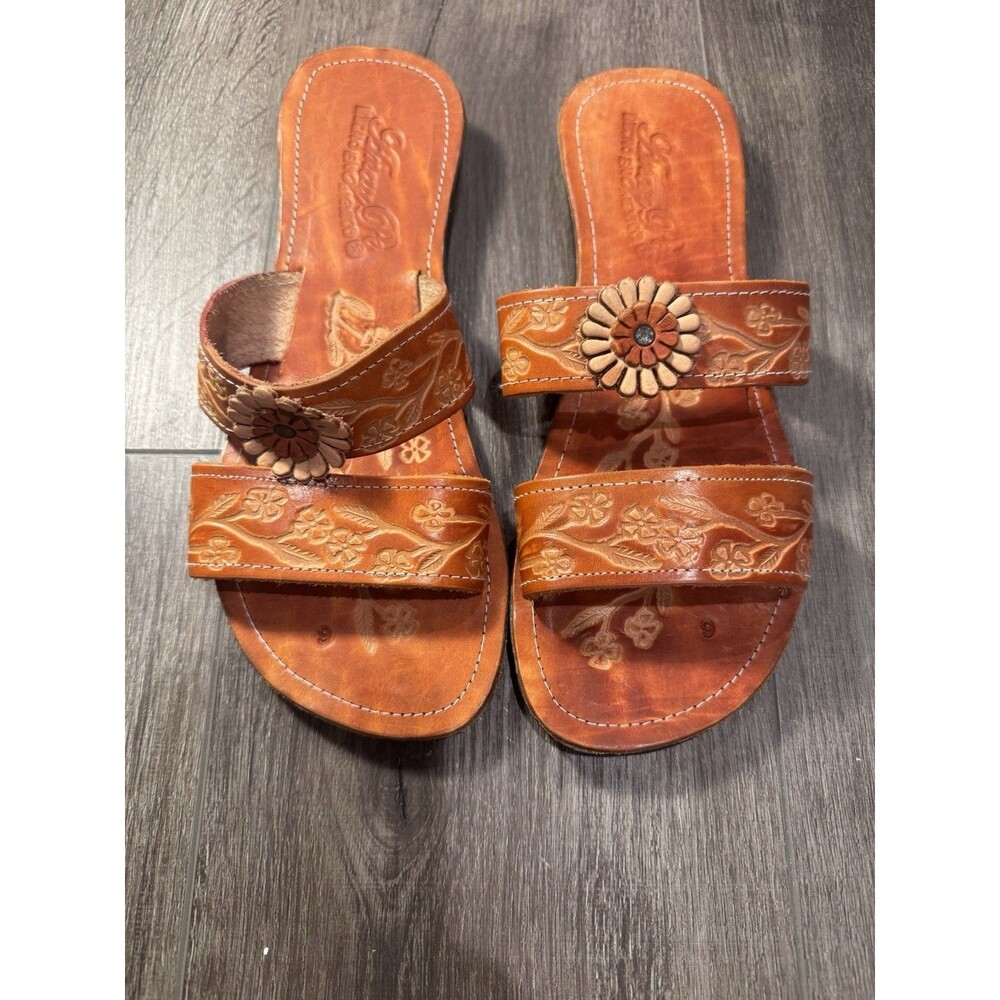 Women’s Size 6 Mexican Leather Sandals Hecho En Mexico Tooled Floral Flower